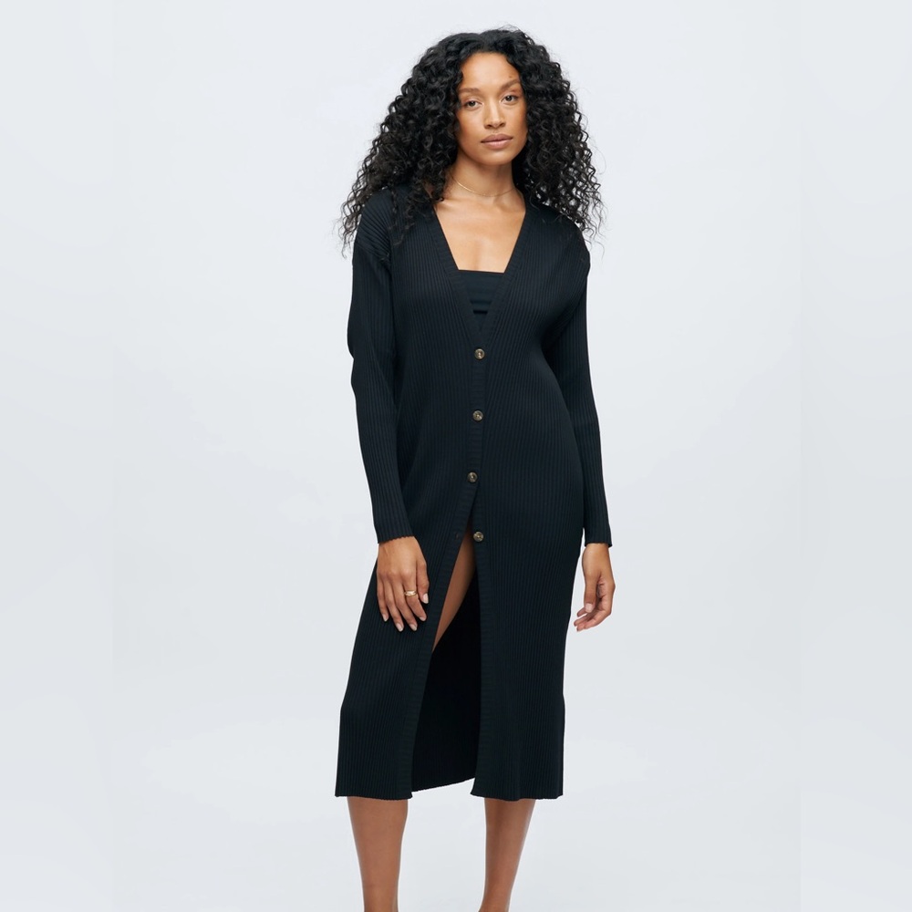 KOTN Sz XS Black Egyptian Cotton Ribbed Stretchy Button Front Midi Dress